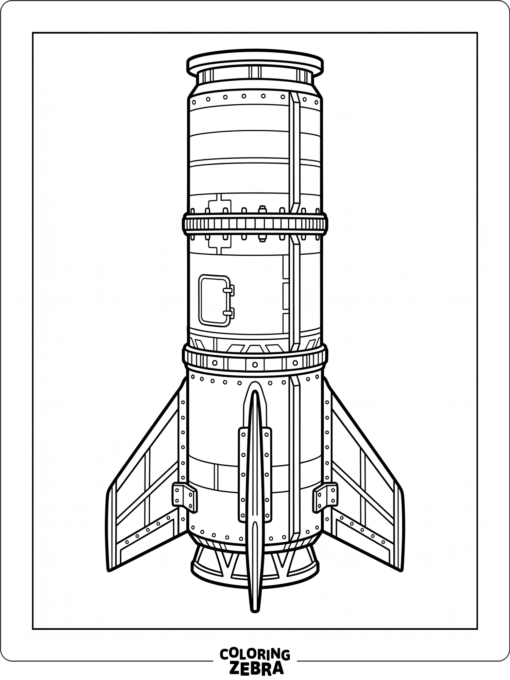 A rocket booster section with side fins and rings