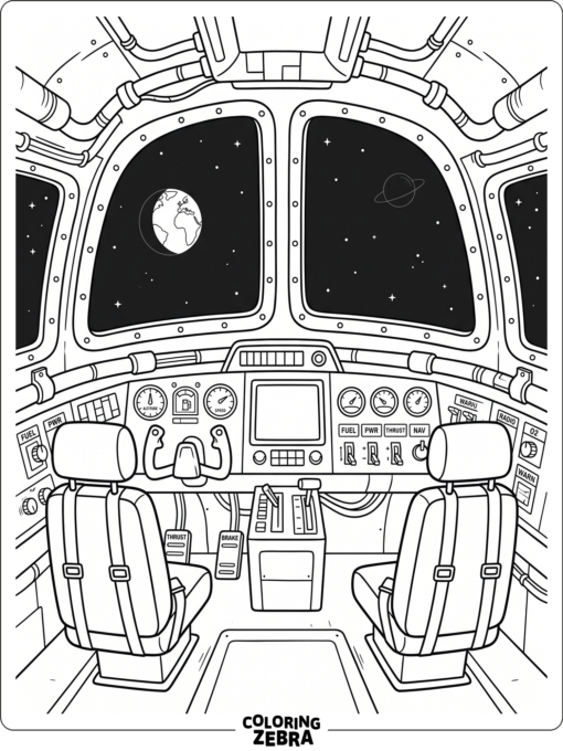 A rocket cockpit with window panels and controls
