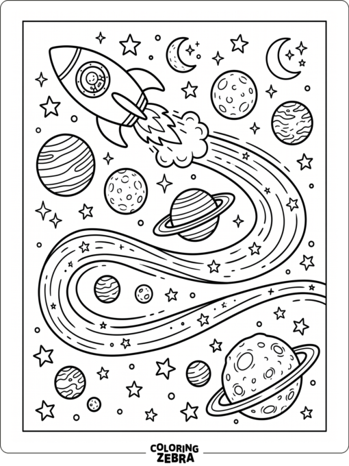 A rocket scene with planets and a long trail