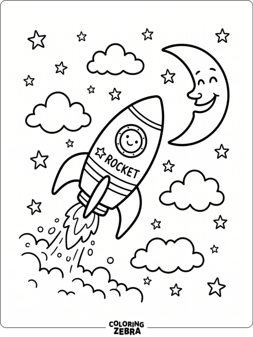 A kid friendly rocket scene with stars and clouds
