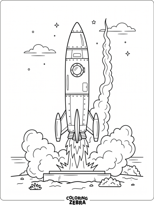 A rocket standing upright with smoke and flames