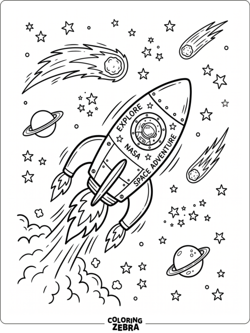 A rocket soaring through space with stars and comets