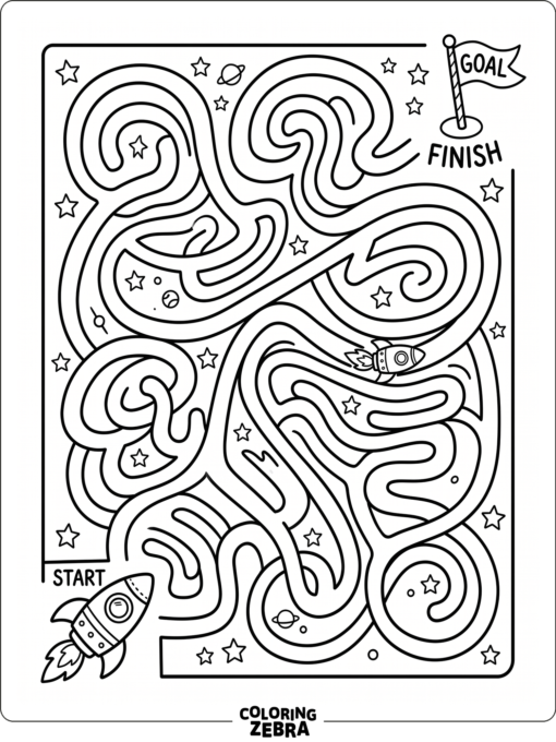 Rocket maze with stars and a finish flag