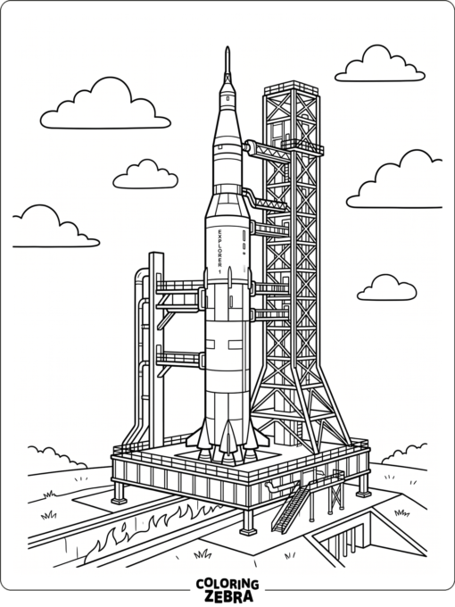 A rocket resting on a launch pad with support arms