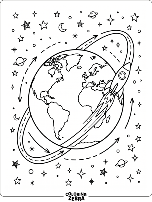 Rocket orbiting Earth with stars