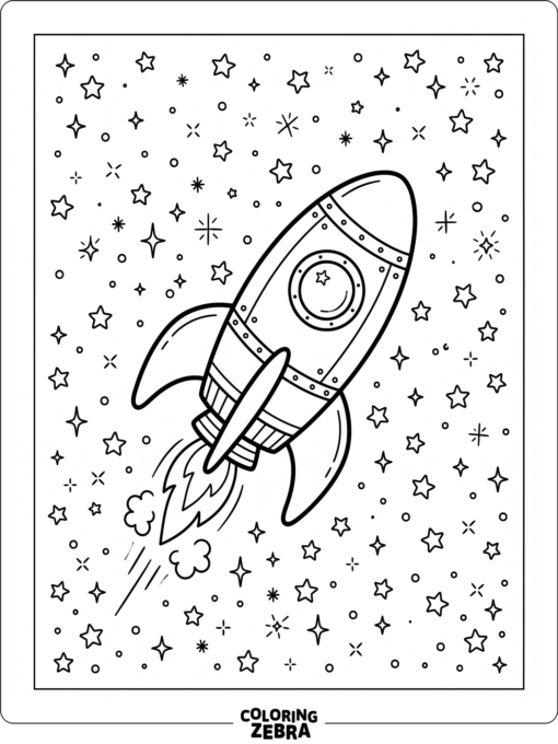 A rocket surrounded by stars and sparkles