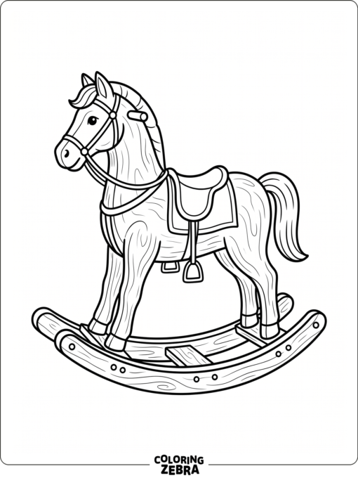 A wooden rocking horse with a saddle