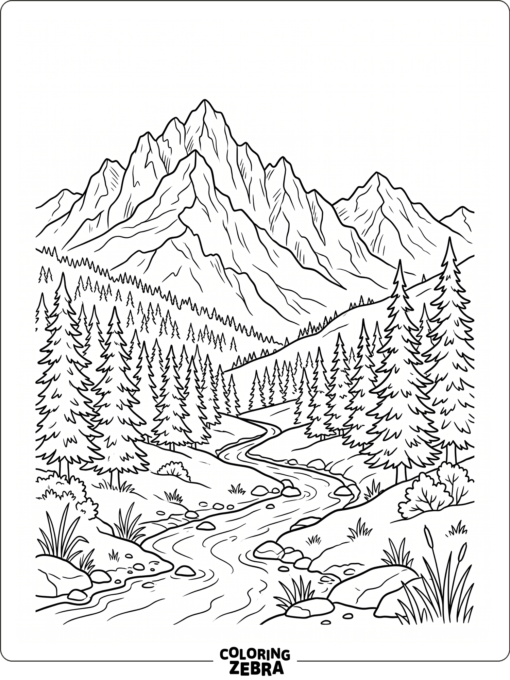 Rocky mountains with pines and a stream