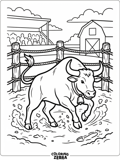 A rodeo bull in an arena with rope fencing