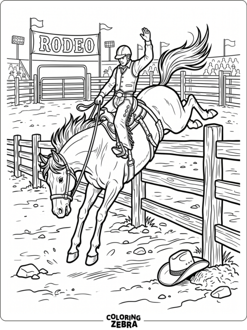 A rodeo horse bucking in an arena