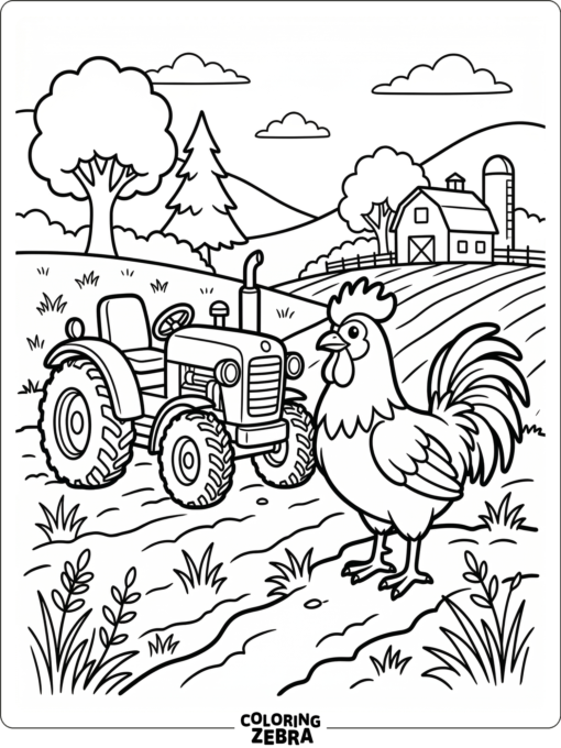 A rooster standing beside a tractor in a field