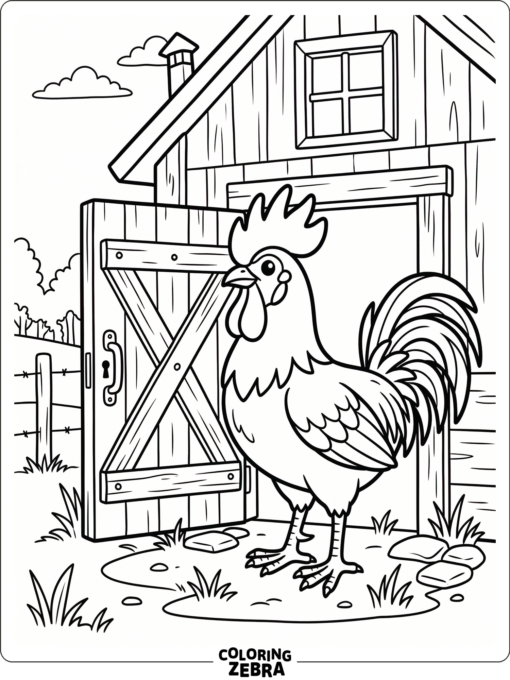 A farm rooster stands near a wooden barn door in a clean, open setting.