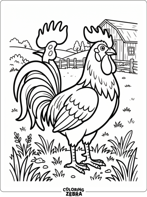 A proud rooster stands in a simple farmyard with bold outlines and open space.