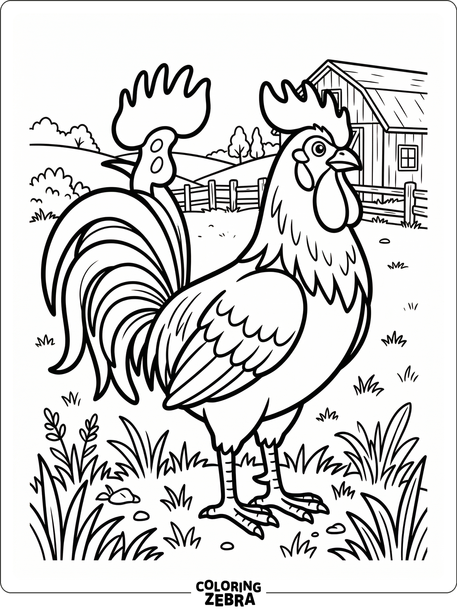 A proud rooster stands in a simple farmyard with bold outlines and open space.