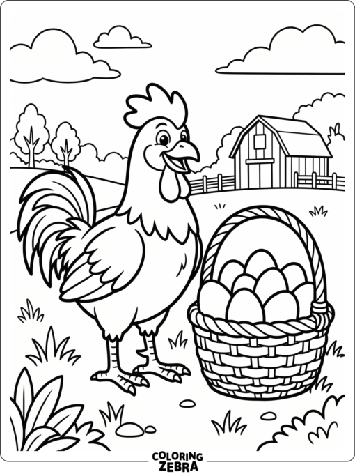 A cute rooster stands beside a basket of eggs in a simple yard.