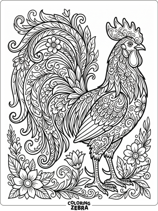 A decorative rooster with long tail feathers and floral accents in a clean layout.