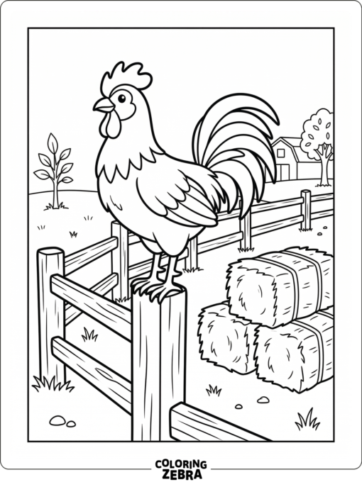A rooster stands by a fence and hay bales in a simple outdoor scene.