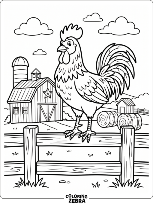 A rooster perched on a fence with a barn in the background