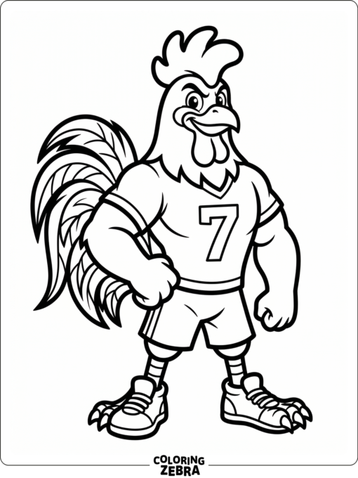 A rooster mascot stands in a confident pose with bold outlines and a simple sports feel.