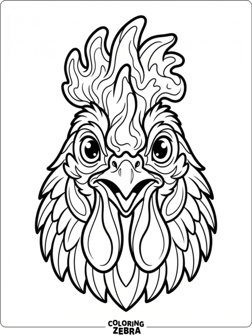 A front-facing rooster face shows round eyes and a detailed comb.