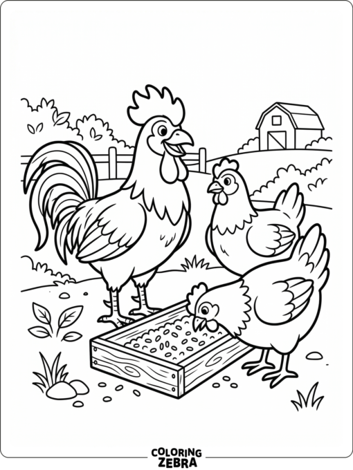 A rooster stands with two hens near a feed tray in a simple farmyard.