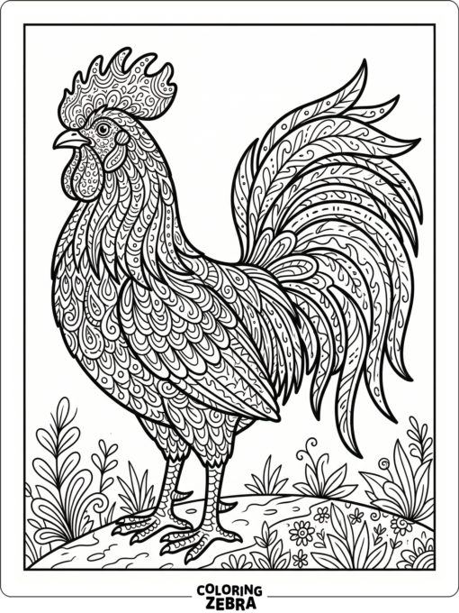 A rooster is filled with repeating curved lines and small zentangle shapes.