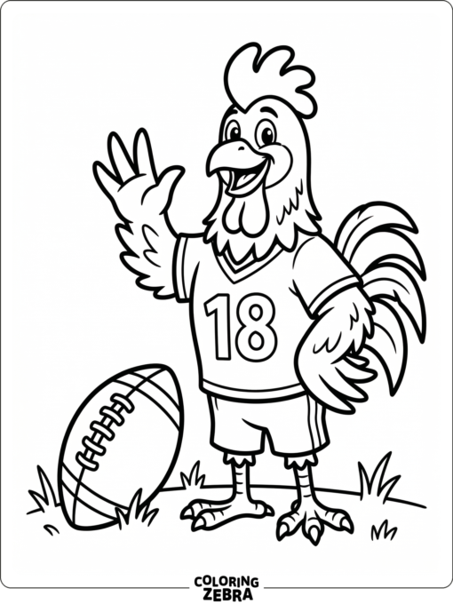 A rooster mascot in a jersey beside a football