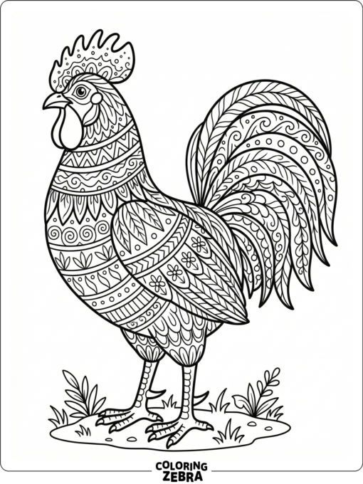 A rooster is covered in repeating feather patterns and decorative bands.