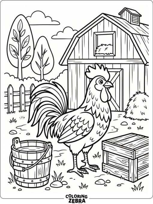 A rooster stands in a barnyard near a bucket and wooden crate.