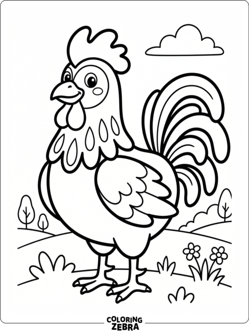 A friendly rooster stands in a simple pose with large open spaces.