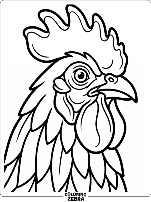 A close view of a rooster head shows the comb, beak, and neck feathers.