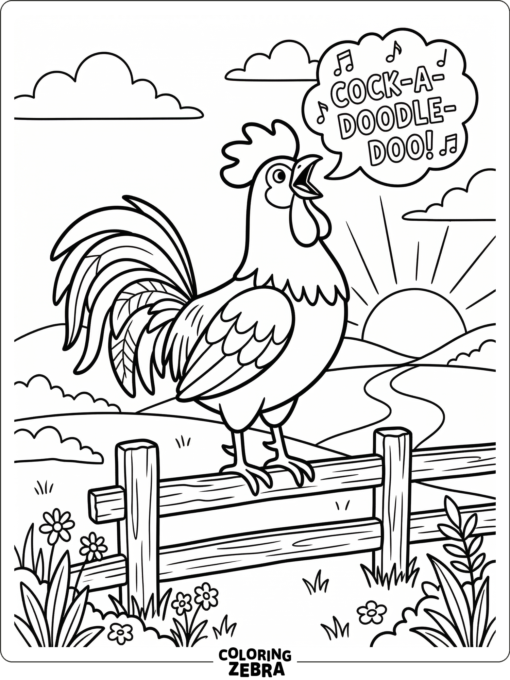 A rooster crowing on a fence at sunrise