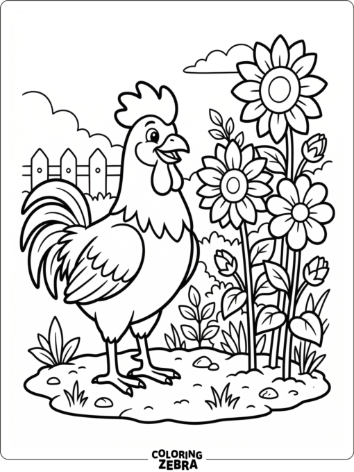 A rooster standing by flowers in a garden