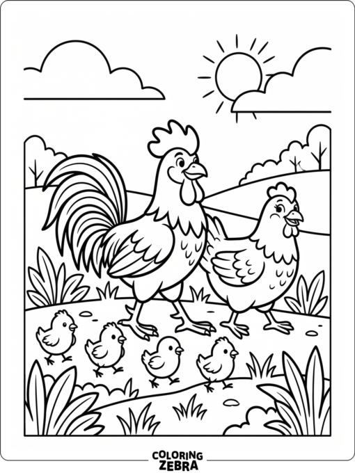 A rooster family walks across grass with a hen and small chicks.