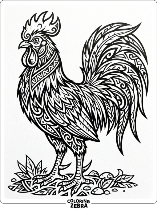 A tribal style rooster uses sharp feather lines and bold curves in a simple layout.