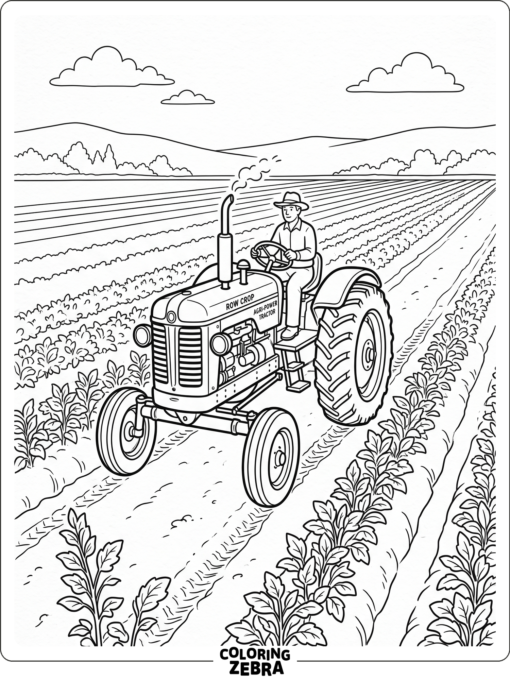 A row crop tractor driving between crop rows
