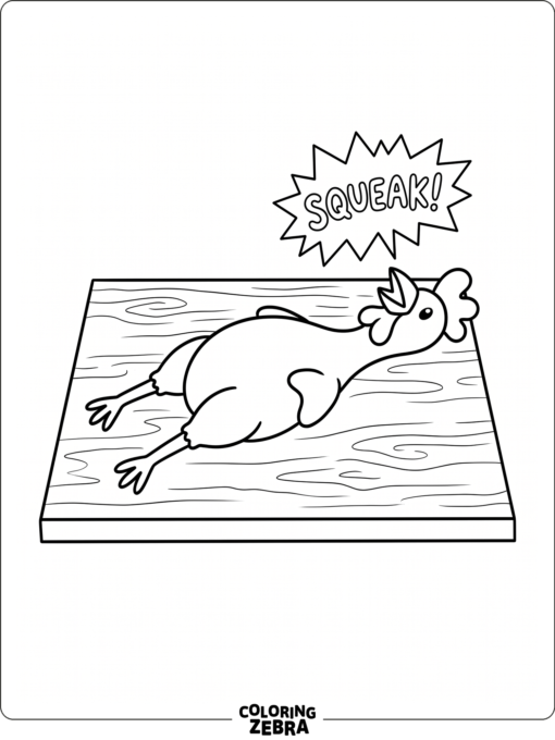 A rubber chicken on a table with a comic burst