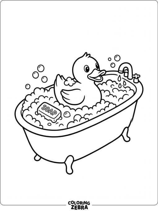 A rubber duck in a bubbly bathtub