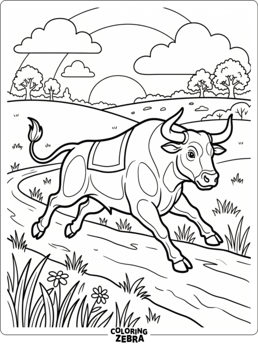 A bull running across a wide open field