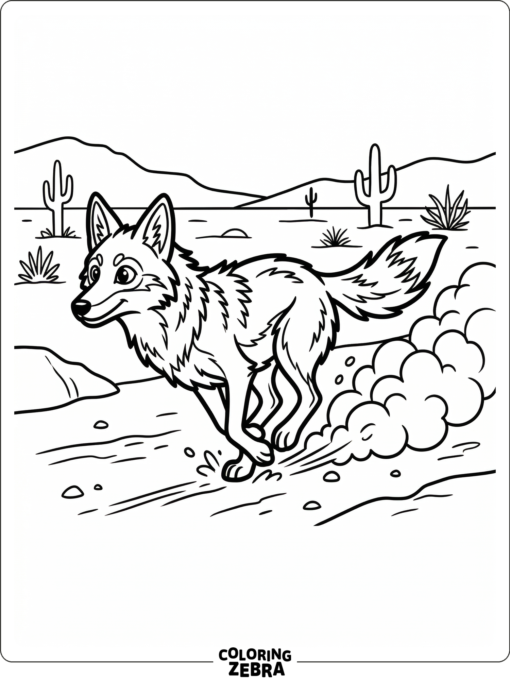 A coyote running across open ground with dust behind it