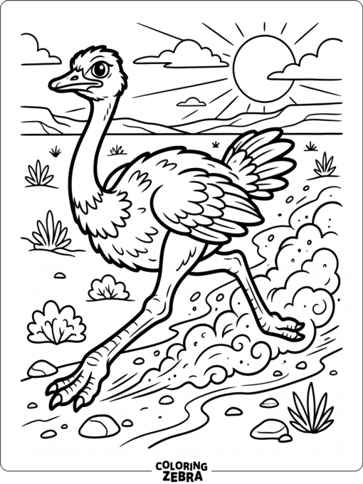 A running ostrich with stretched legs and a dust trail