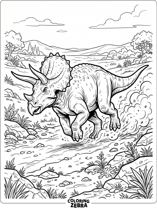 A triceratops running across open ground
