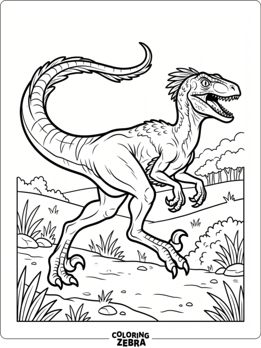 A running velociraptor with a long flowing tail
