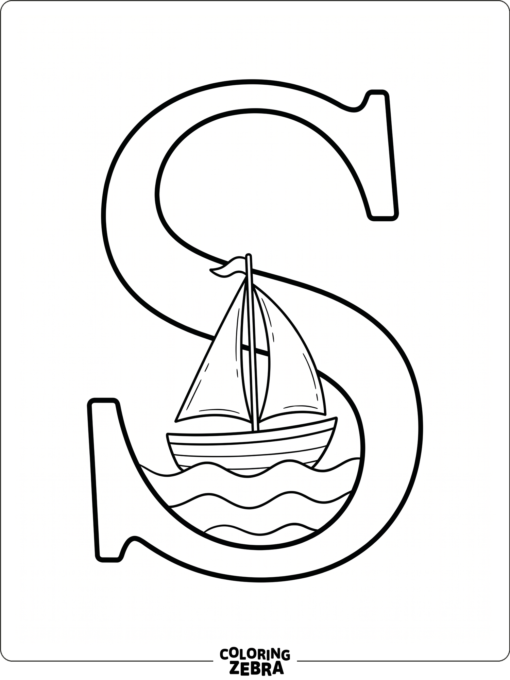 A large S with a sailboat floating on waves