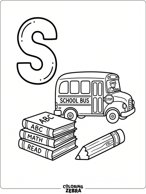 A school themed S with books and a bus