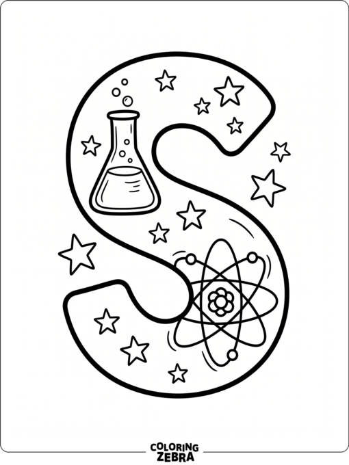 A science themed S with a beaker and atom
