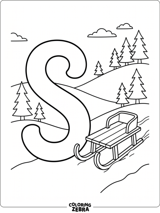 A large S with a sled near snowy hills