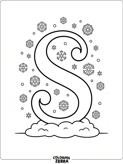 An S surrounded by snowflakes and snow