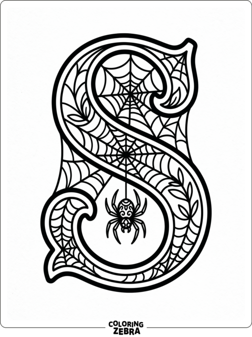 The letter S with a small spider and web accents