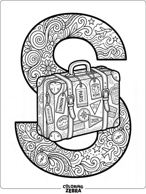 A letter S with a suitcase and travel tags